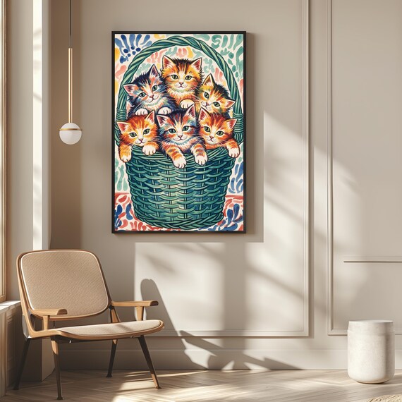 Matisse Style Kittens in Basket Colorful Cat Art Print Playful Wall Decor
