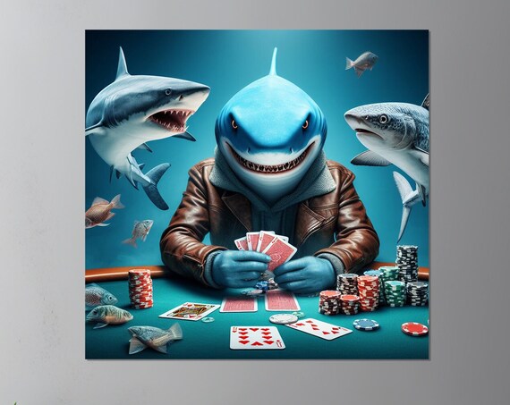 Shark At Poker Table Print Poker Wall Art Abstract Poker Shark Poster Man Cave Decor Poker Gifts Framed And Ready To Hang