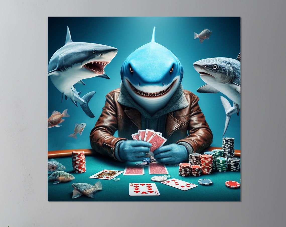 Shark in Leather Jacket Playing Poker Underwater Scene Man Cave Poster