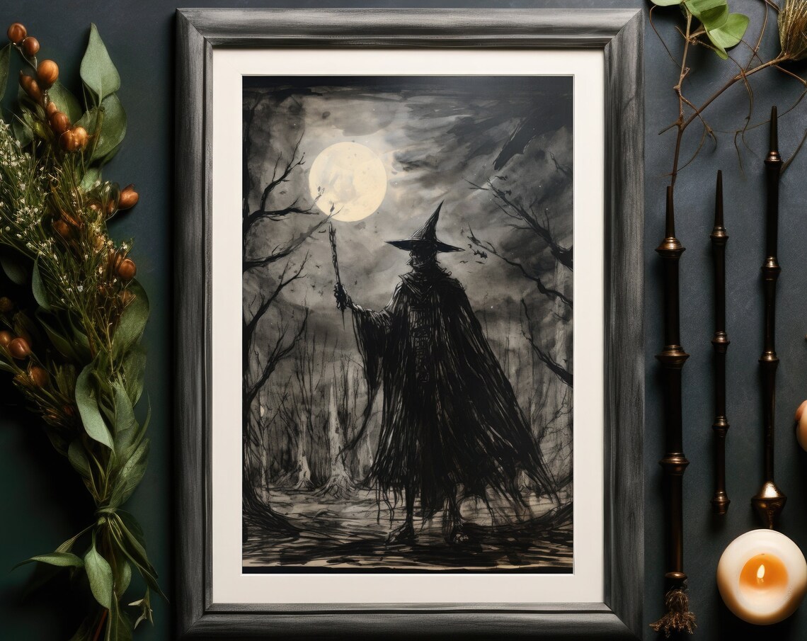 Moonlit Witch With Staff Bare Trees Ink Dark Fantasy Wall Art