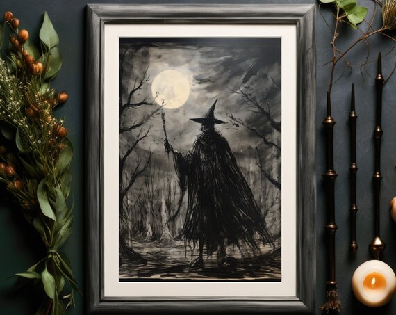 Moonlit Witch With Staff Bare Trees Ink Dark Fantasy Wall Art