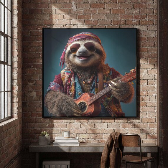 Hippie Sloth Musician Canvas Art Boho Guitar Print