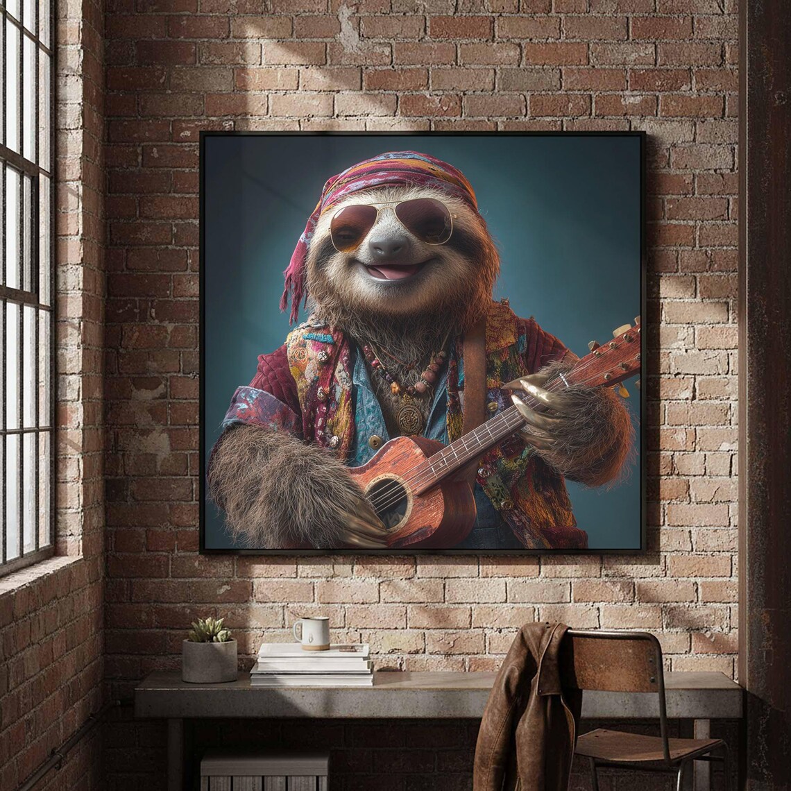 Hippie Sloth Musician Canvas Art Boho Guitar Print