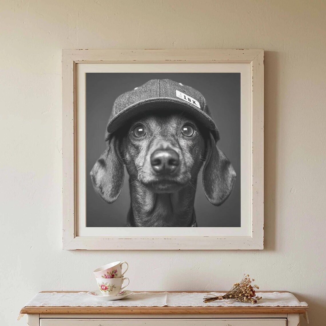Dachshund Wearing A Cap Black And White Funny Dog Portrait Art Poster