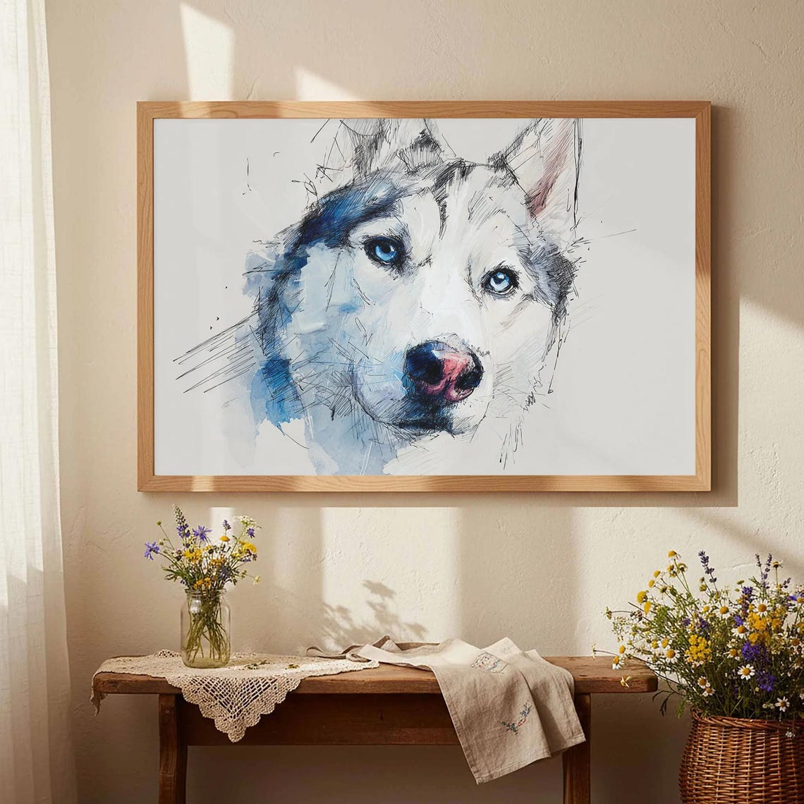 Siberian Husky Sketch Portrait Blue Eyes Watercolor Dog Poster