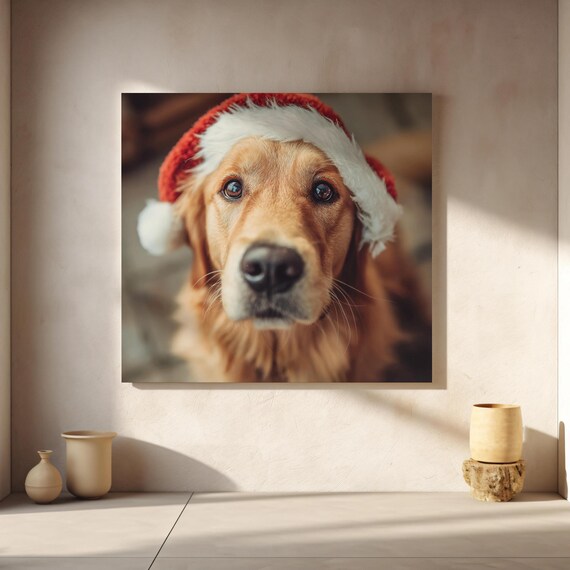 Cute Golden Retriever Santa Hat Christmas Dog Photo Wall Art