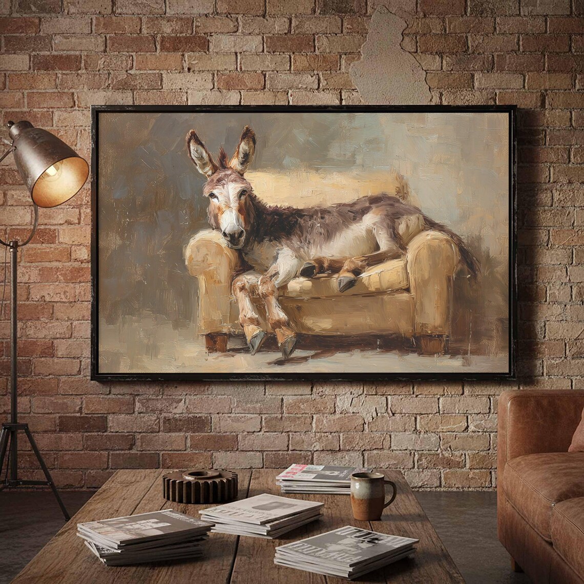 Donkey Lounging on Armchair Funny Farm Animal Oil Painting Poster
