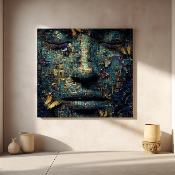Abstract Portrait Canvas Print Blue Gold Mosaic Wall Art