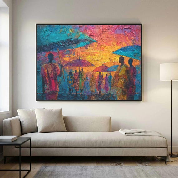 African Cityscape Canvas Print Vibrant Dusk Oil Painting Art