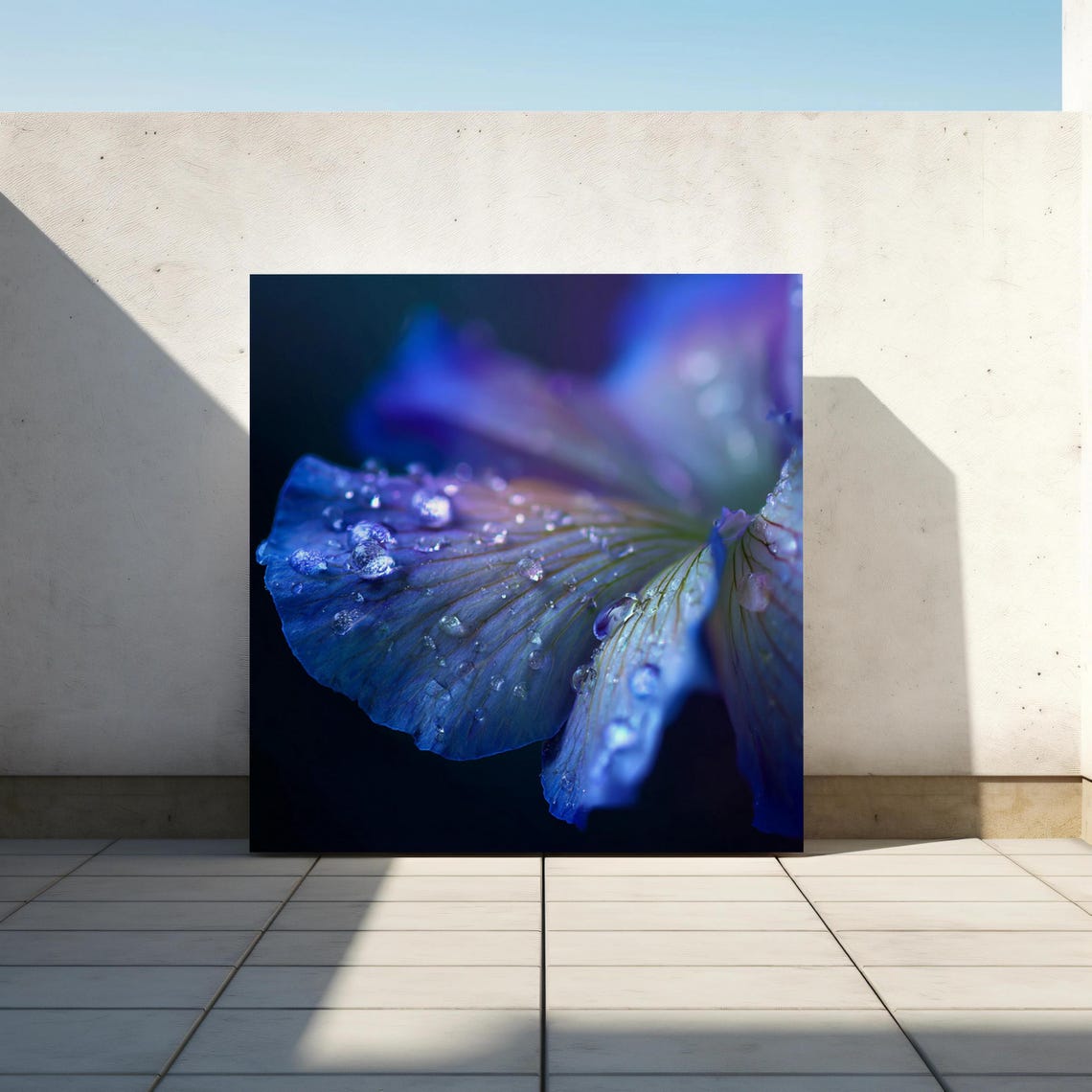 Blue Flower Petal Macro Dew Drops Dark Moody Floral Photo Poster