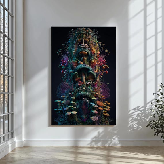Mushroom Tower Canvas Print Colorful Botanical Wall Art