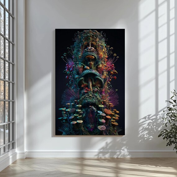 Psychedelic Mushroom Tower Colorful Fungi Botanical Wall Art
