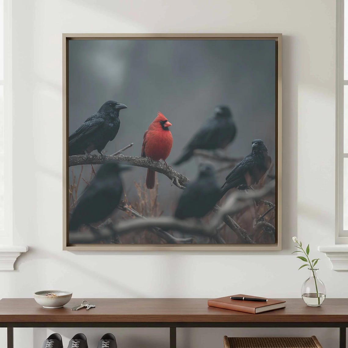 Red Cardinal Among Black Crows Moody Bird Photography Poster