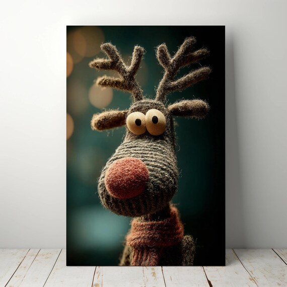 Funny Red Nosed Reindeer Christmas Felt Figure Canvas Wall Art