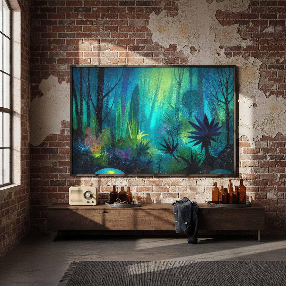 Dark Jungle Night Forest Neon Teal Expressionist Fine Art Poster