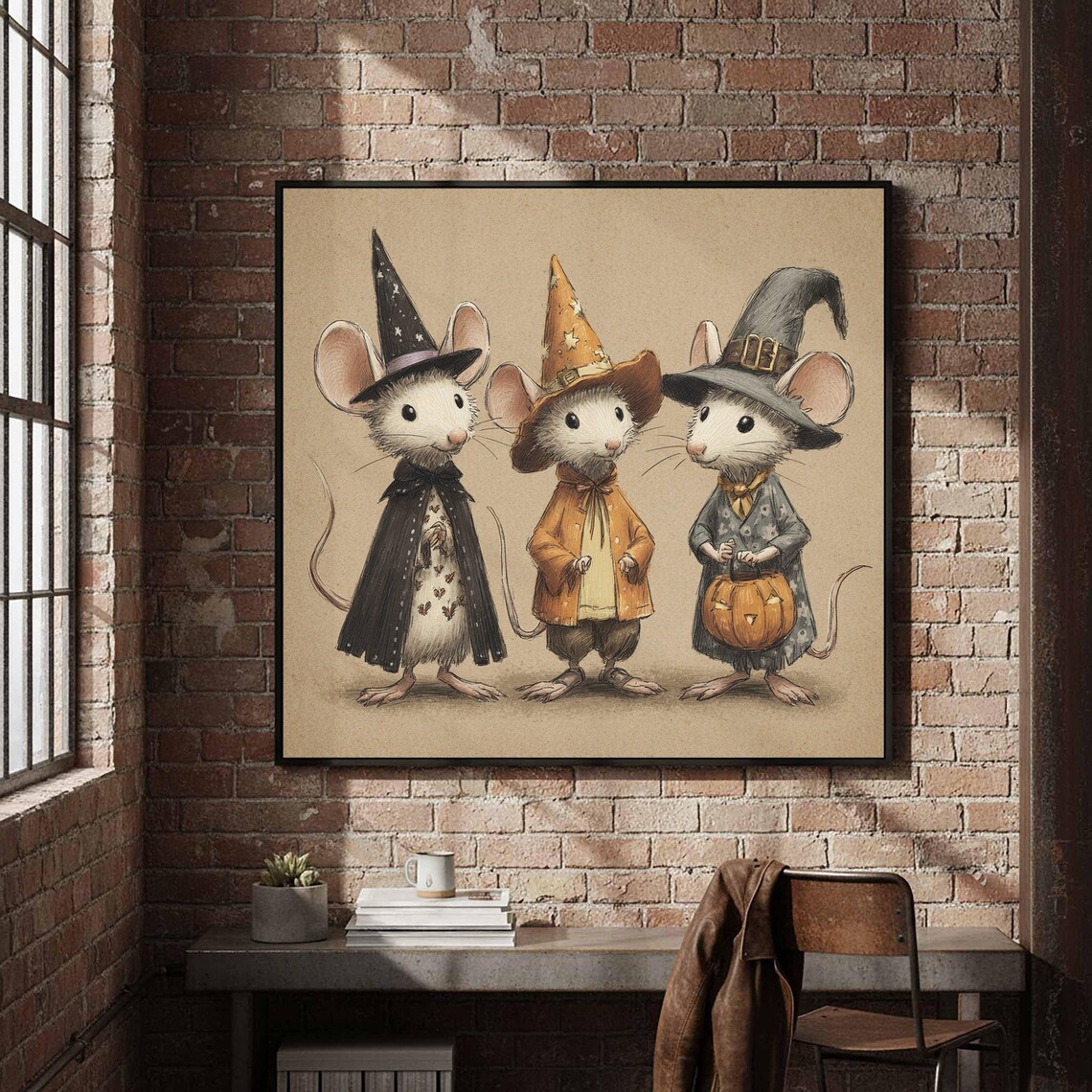 Three Little Mice in Witch Costumes Halloween Party Art Print