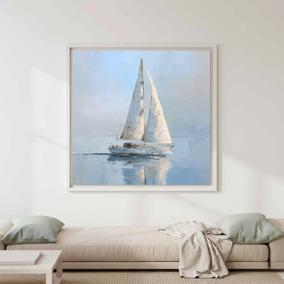 Sailboat White Sails Calm Blue Sea Textured Oil Painting Poster