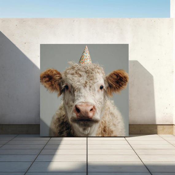 Cow Party Hat Canvas Wall Art Funny Farm Animal Print