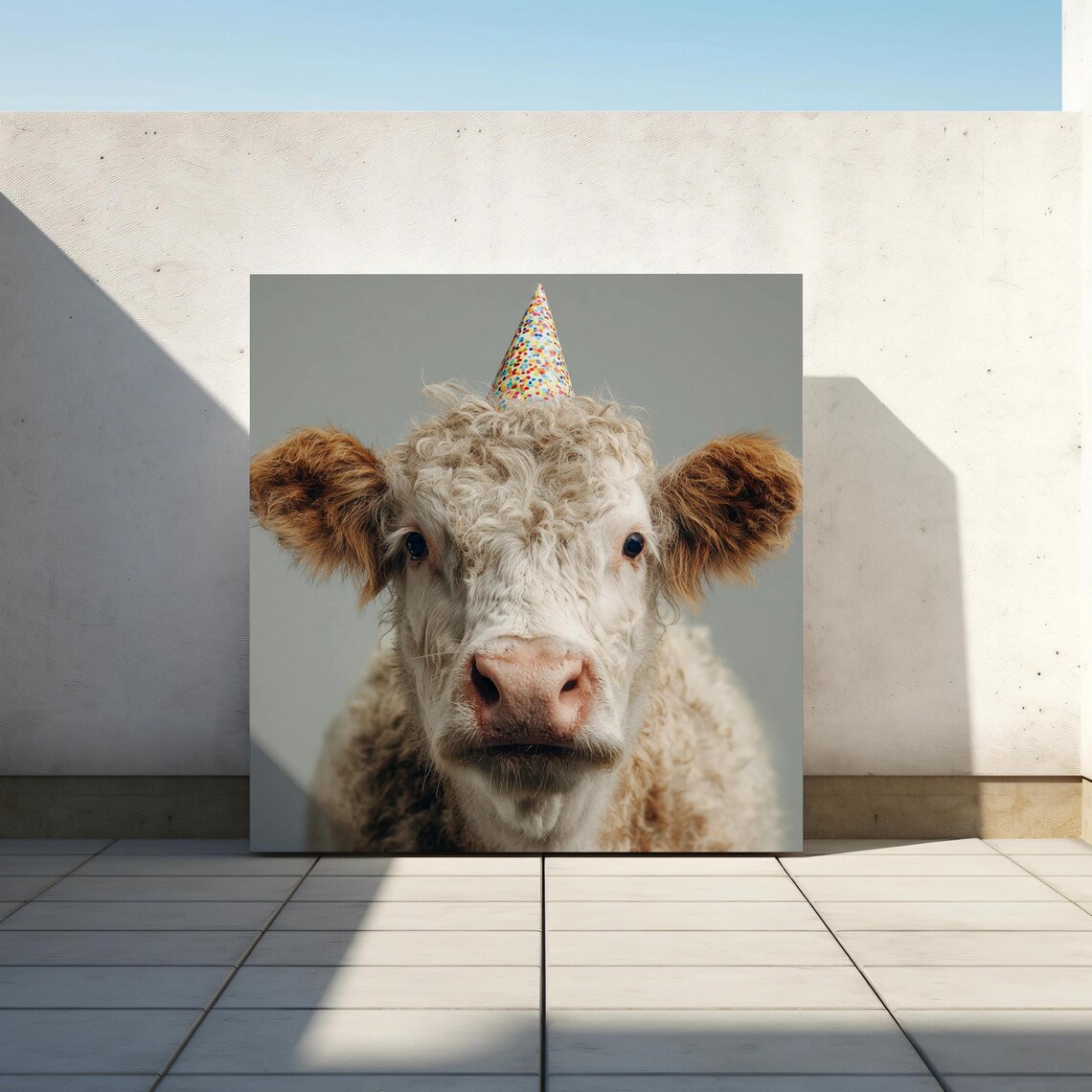 Cow Wearing Party Hat Funny Farm Animal Birthday Portrait Photo Poster