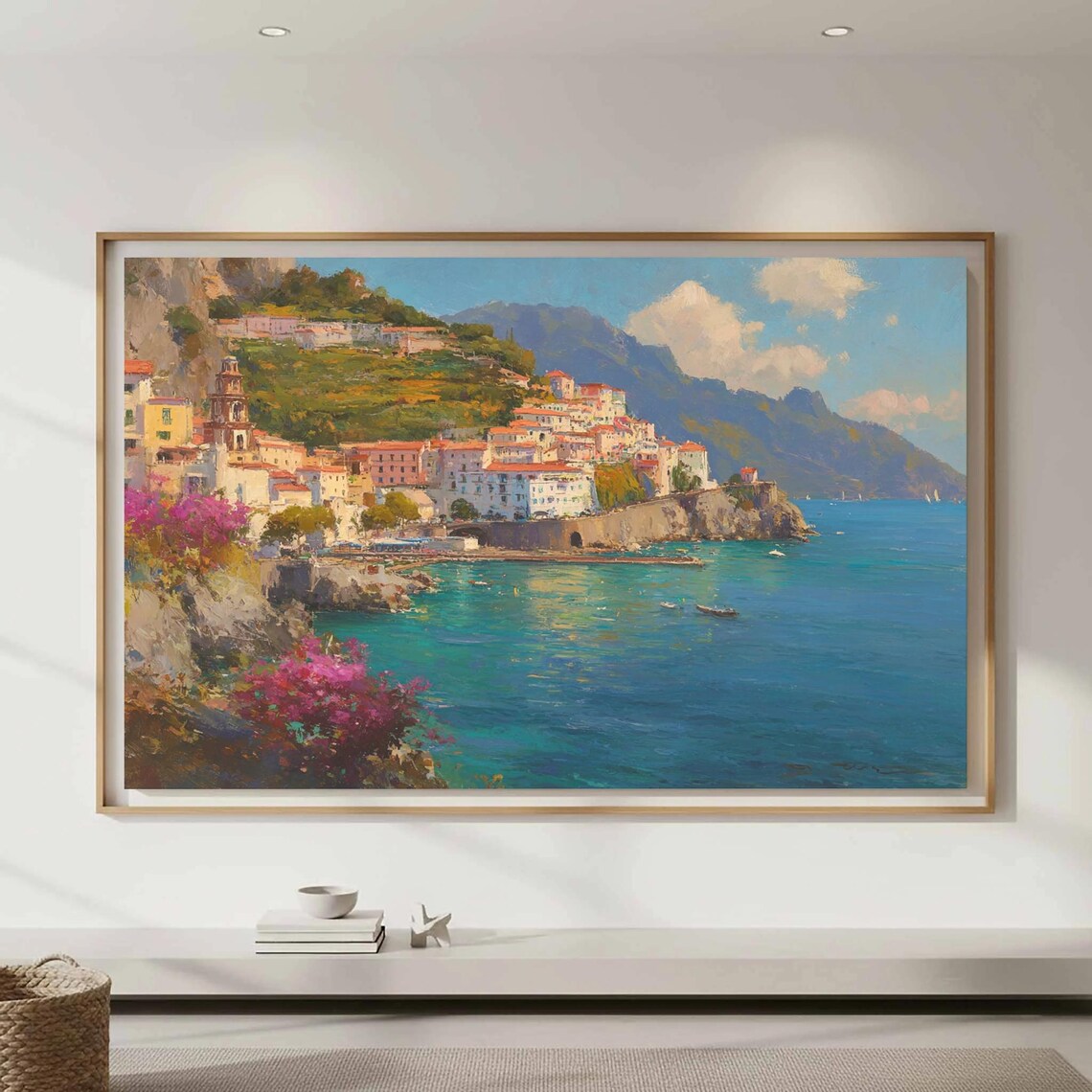 Sunlit Mediterranean Coastal Town Turquoise Sea Oil Painting Poster