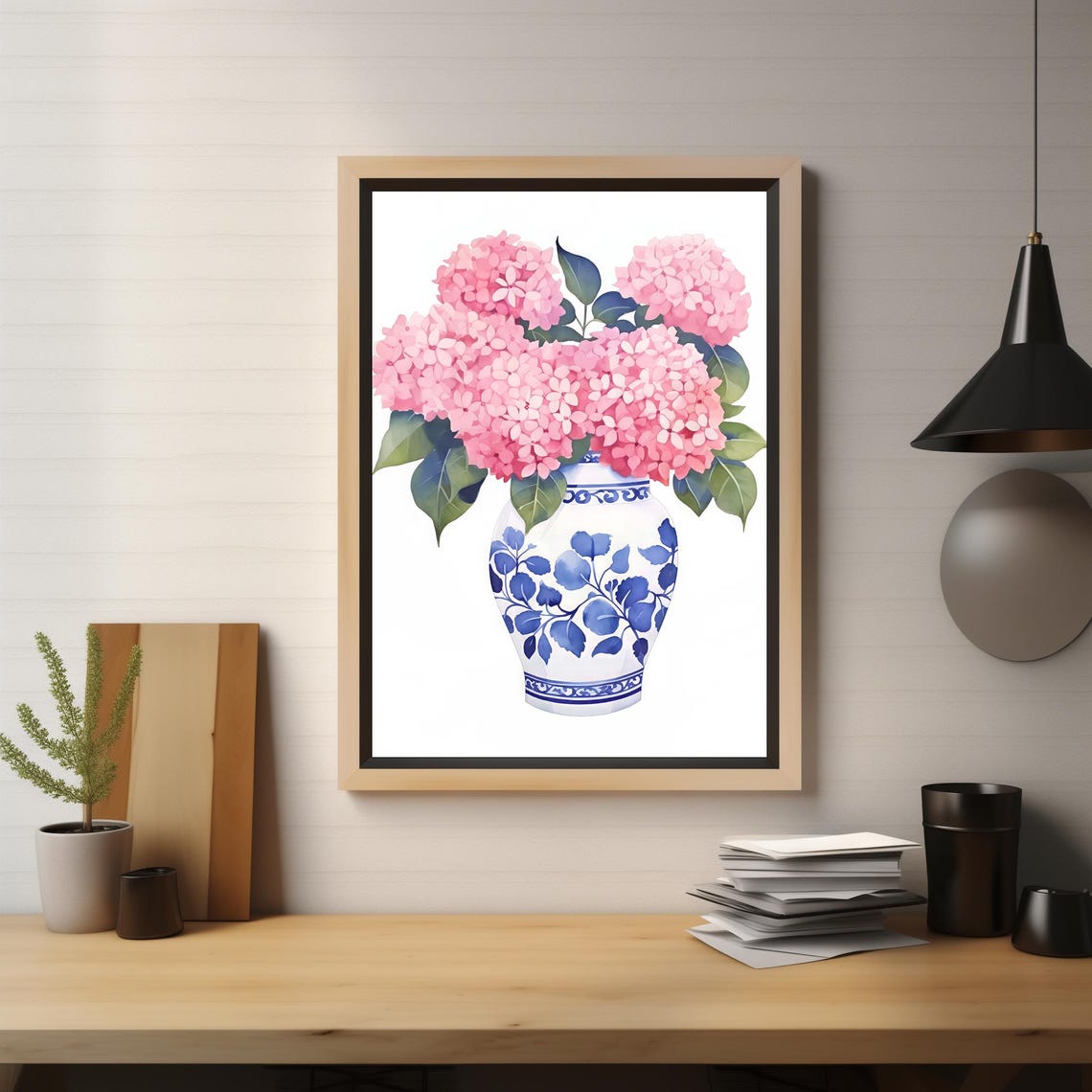 Pink Hydrangeas Blue White Chinoiserie Vase Watercolor Floral Poster - Image 4