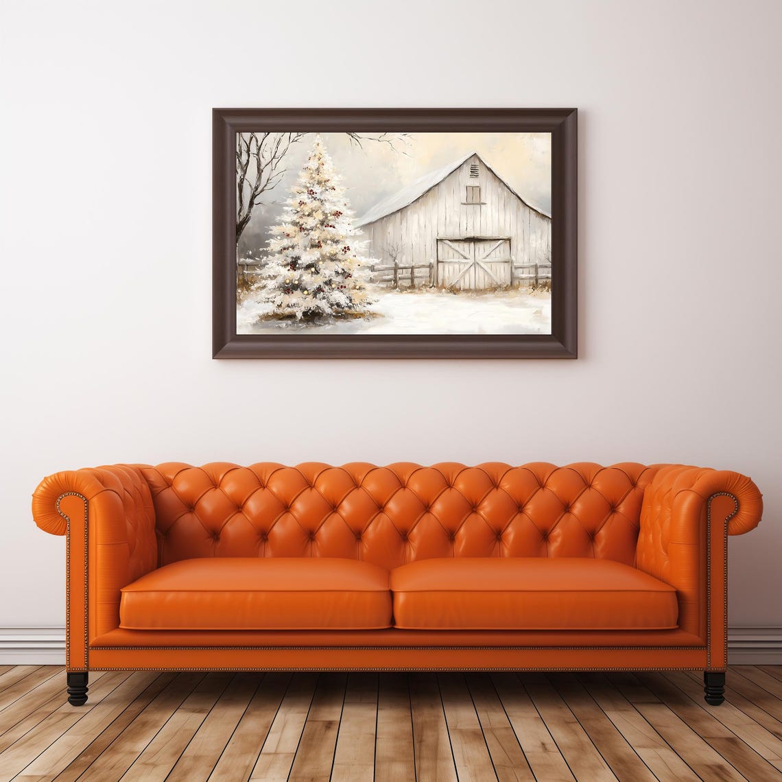 White Barn And Snowy Christmas Tree Rustic Winter Holiday Wall Art - Image 2