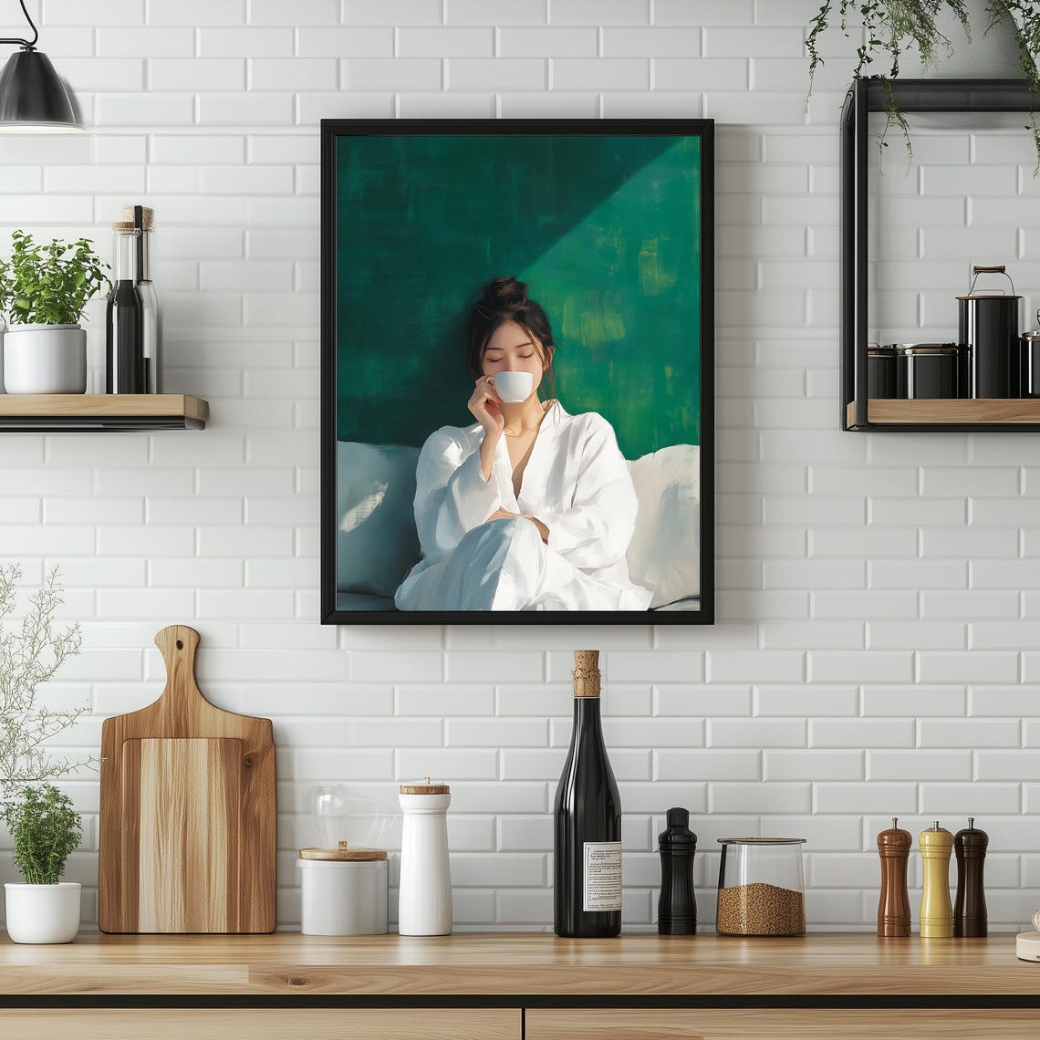 Woman Drinking Coffee In Morning Light Emerald Green Art Poster - Image 2