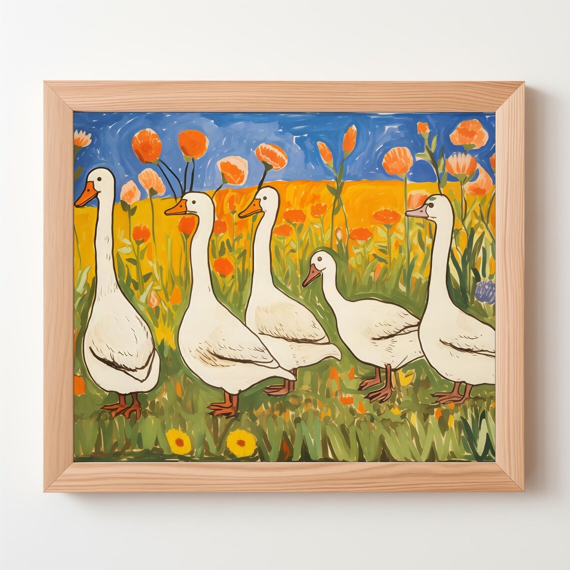 White Geese In Flower Meadow Folk Art Whimsical Farm Animal Poster - Image 5