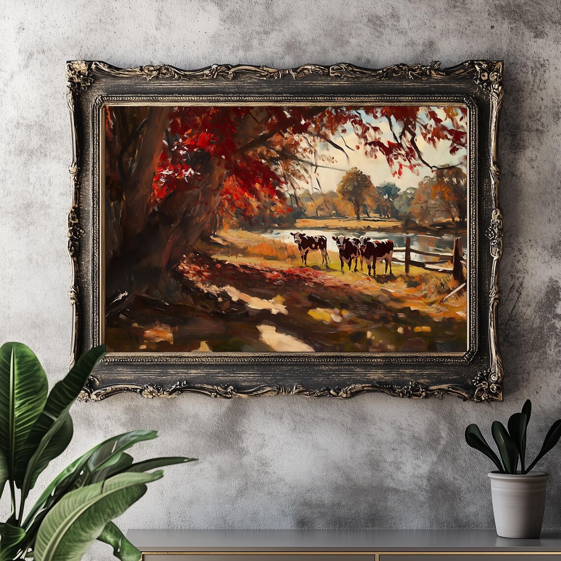 Autumn Cows By The Pond Red Foliage Countryside Farmhouse Art Poster - Image 2