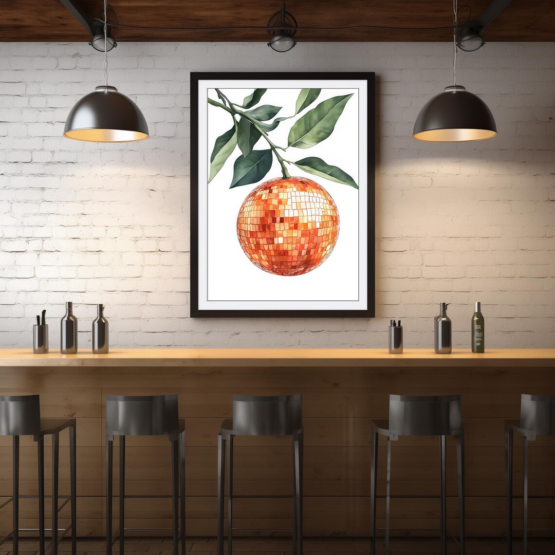 Retro Orange Disco Mirror Ball Bar Cart Art Print - Image 4