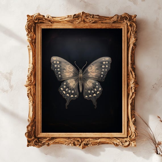 Vintage Black Butterfly Art Print Gothic Art Dark Moody Insect Art Print Antique Moth Painting Halloween Decor 444