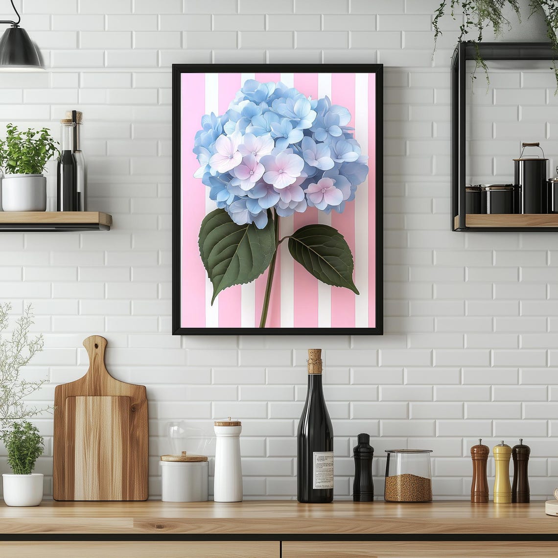 Blue Hydrangea Pink Striped Background Modern Floral Pop Art Poster - Image 2