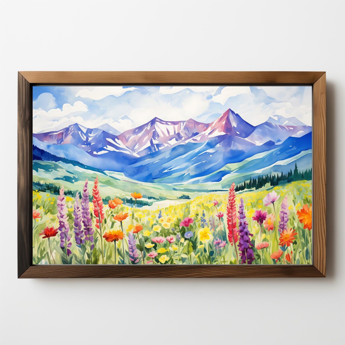 Mountain Wildflower Meadow Lupines Watercolor Landscape Art Print