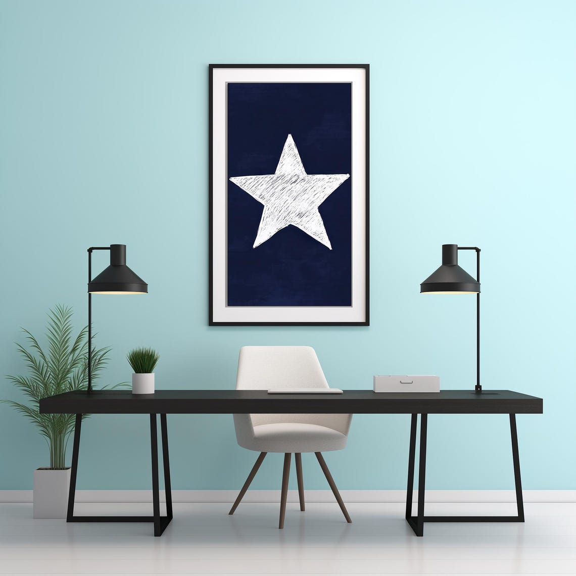 Hand Drawn White Star Navy Blue Retro Minimalist Kids Room Wall Poster