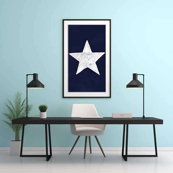 Hand Drawn White Star Navy Blue Retro Minimalist Kids Room Wall Poster
