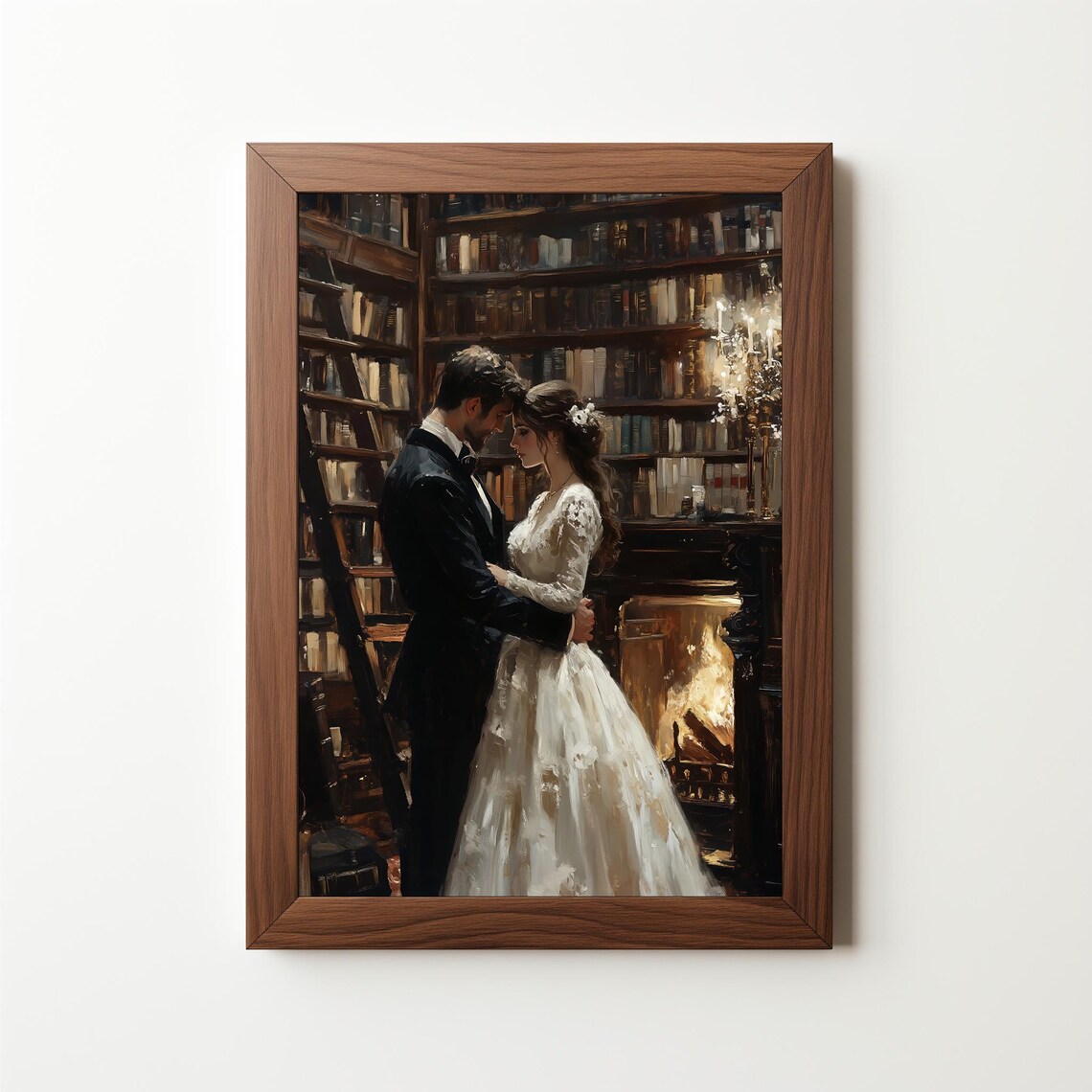Romantic Couple in Vintage Library Fireplace Dark Academia Oil Poster - Image 5