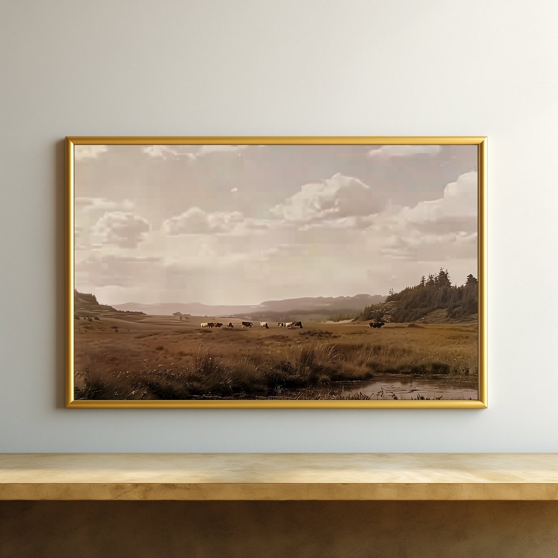 Grazing Cows Vintage Sepia Valley Moorland Rustic Landscape Oil Poster - Image 4