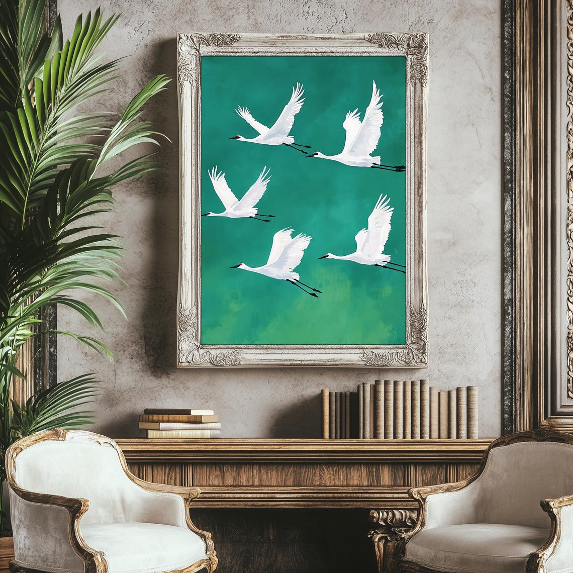 White Cranes In Flight On Emerald Green Background Art Print - Image 3
