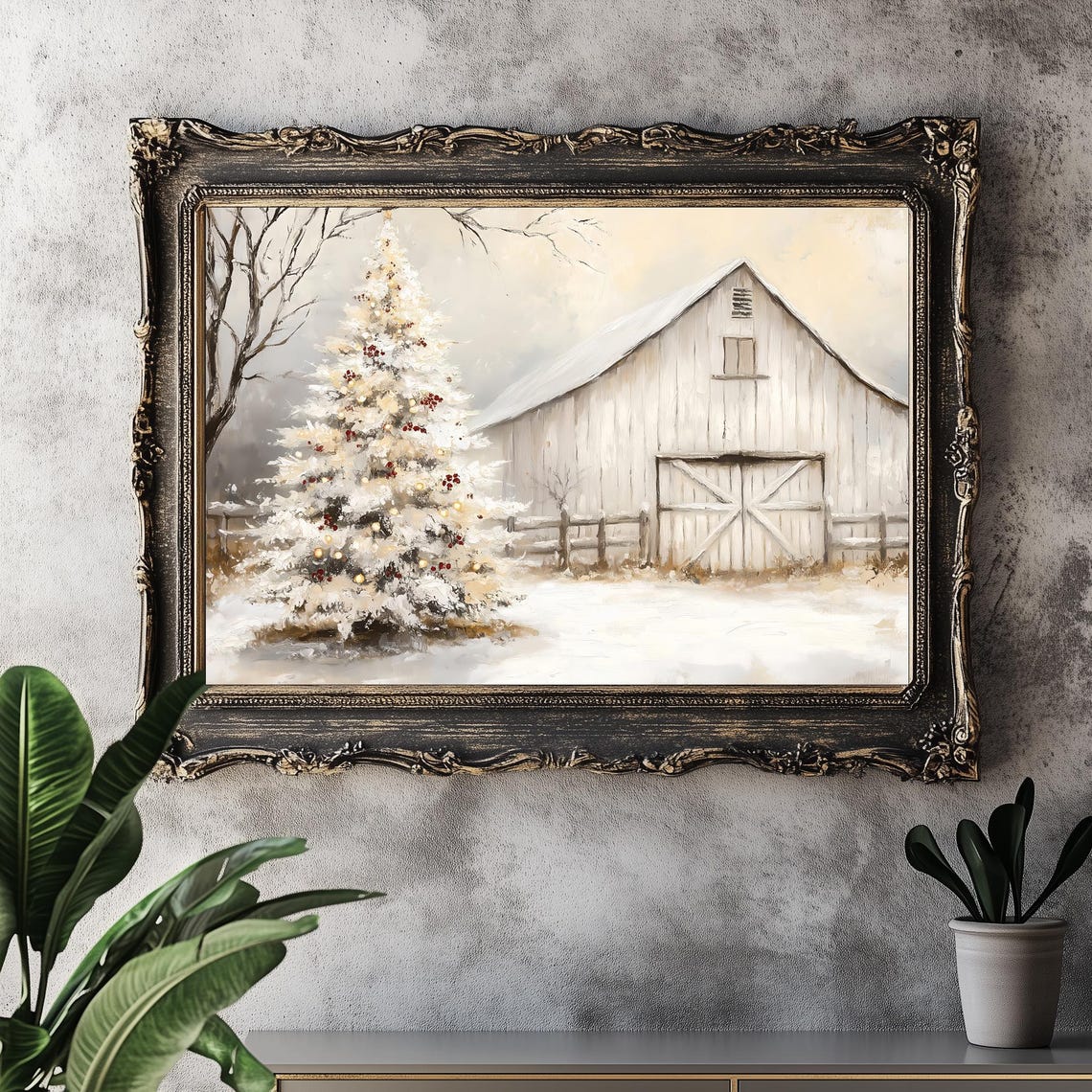 White Barn And Snowy Christmas Tree Rustic Winter Holiday Wall Art - Image 3