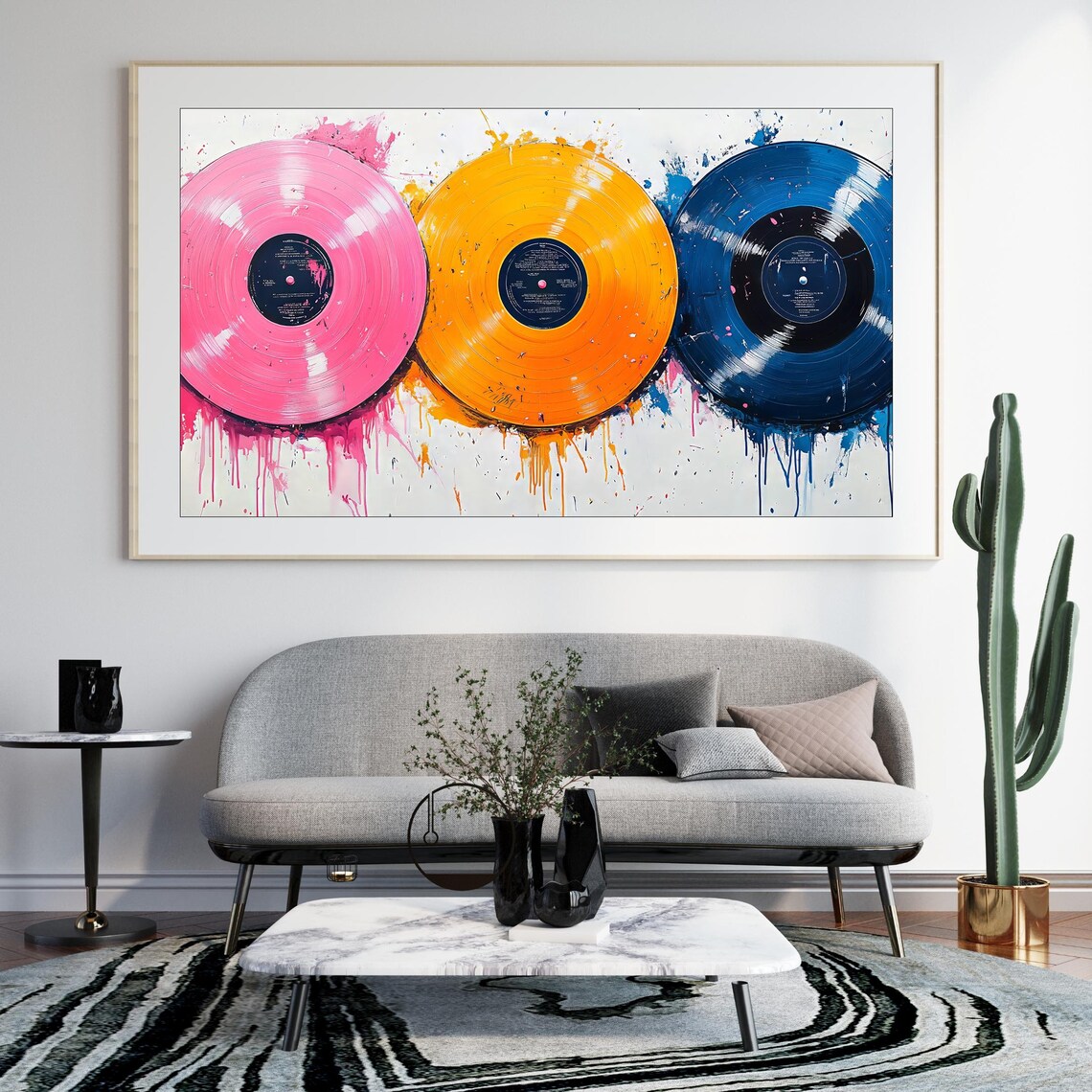 Pink Orange Blue Vinyl Records Retro Music Paint Splatter Wall Poster - Image 2