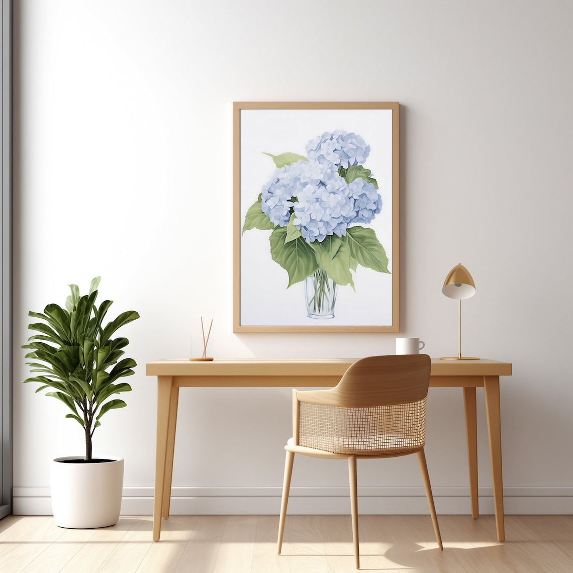 Blue Hydrangea Bouquet In Glass Vase Delicate Floral Wall Art - Image 2