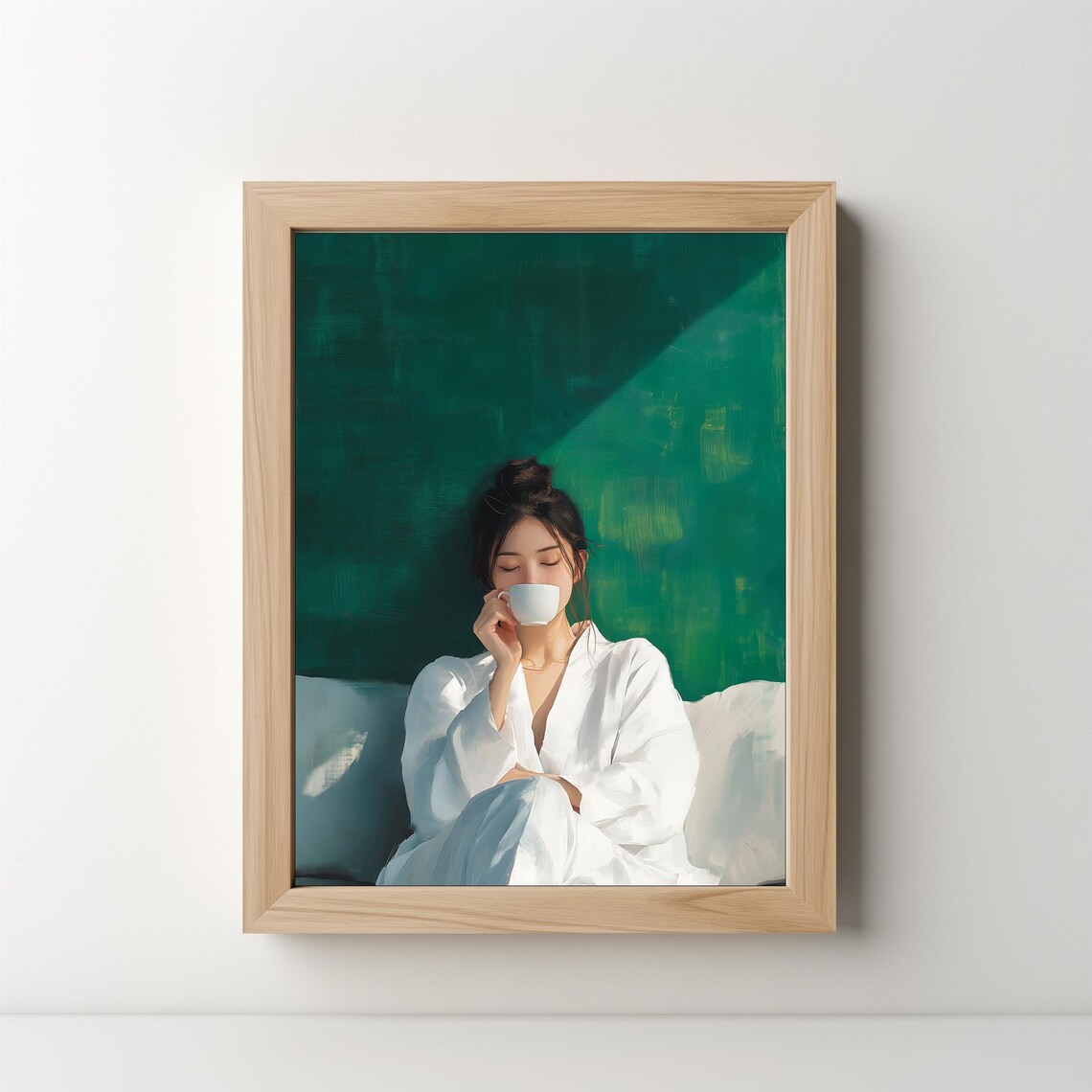 Woman Drinking Coffee In Morning Light Emerald Green Art Poster - Image 5