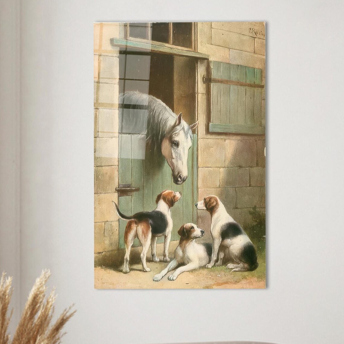 Horse and Hound Dogs Stable Door Vintage Oil Painting Animal Poster