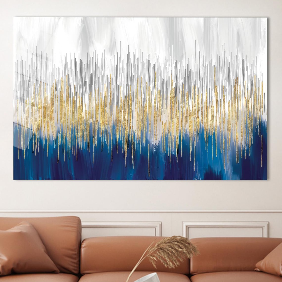 Navy Blue Gold Dripping Lines Abstract Modern Metallic Wall Poster