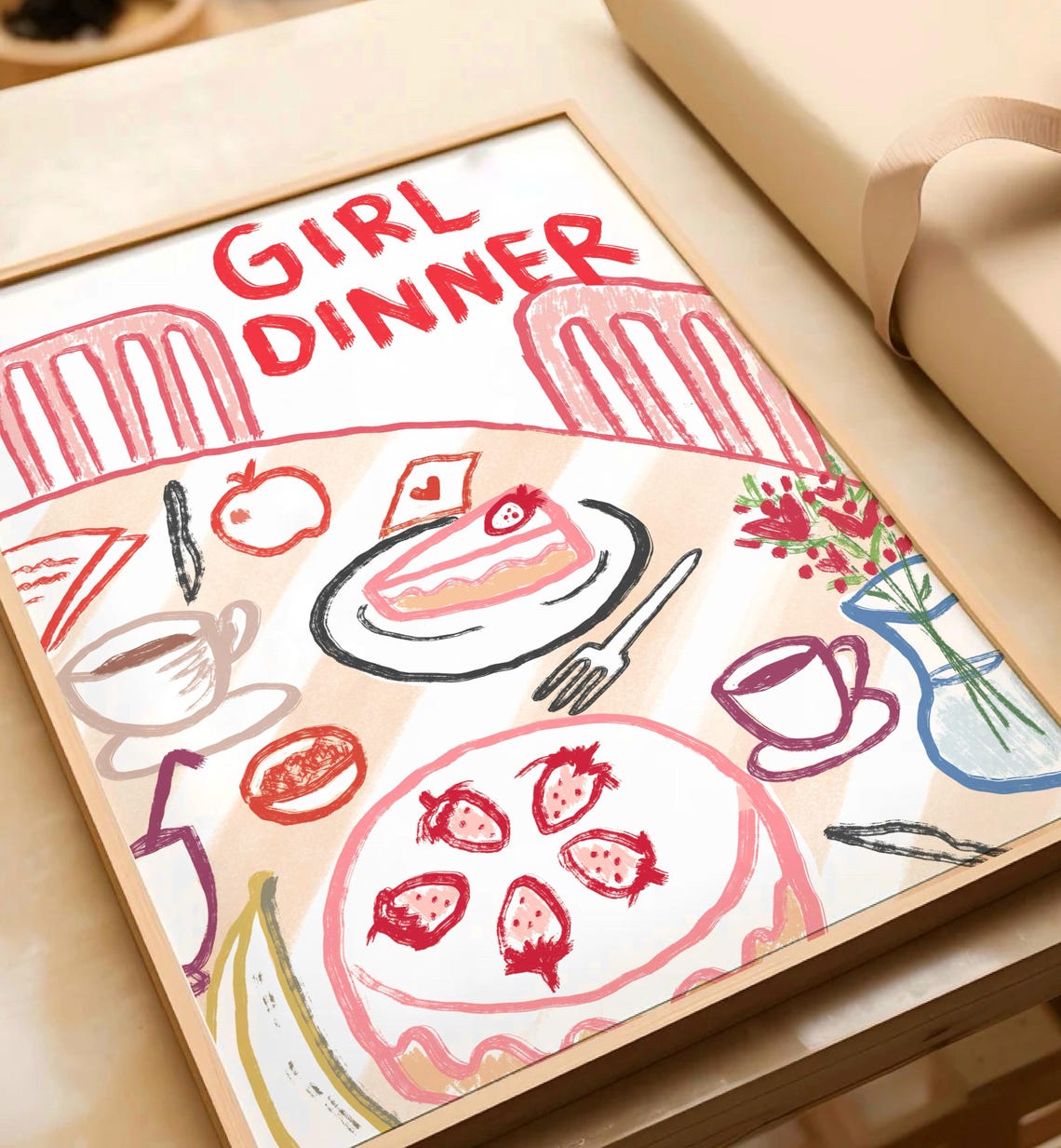Girl Dinner Hand Drawn Table Cake Coffee Pink Kitchen Art Poster - Image 2