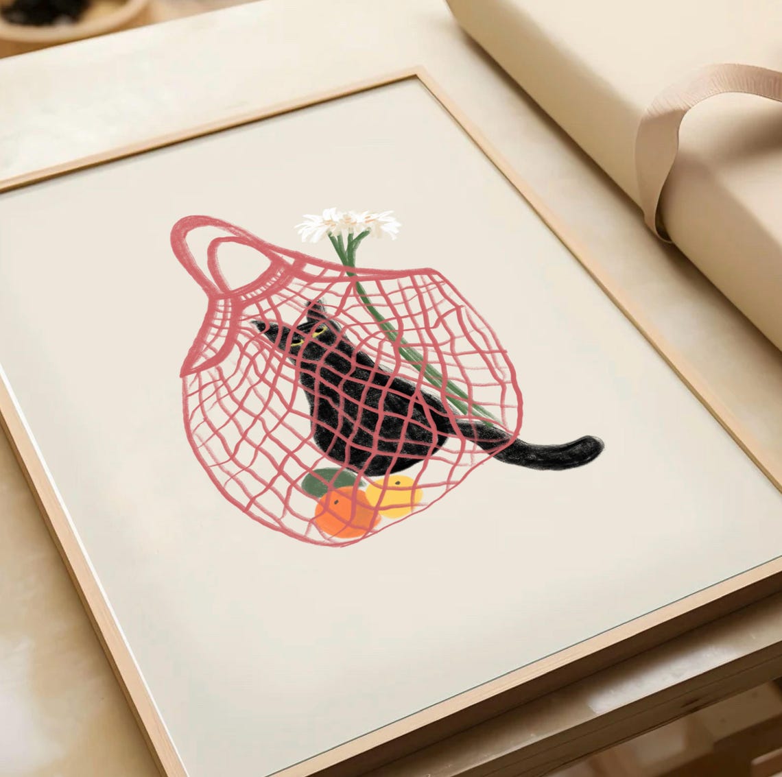 Black Cat In Pink Mesh Market Bag Daisies Funny Animal Poster - Image 2