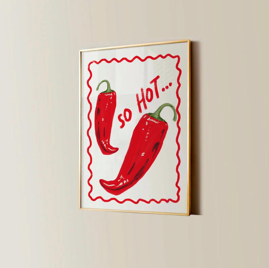 So Hot Funky Red Chili Peppers Wavy Border Kitchen Decor Poster