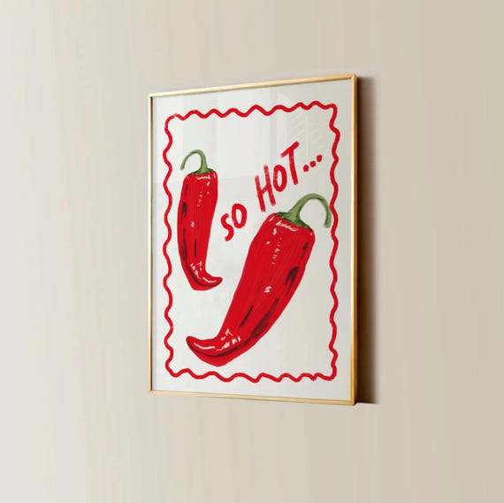 Chili Hot Pepper Art Print Red Pepper Wall Art Retro Kitchen Wall Decor Funky Trendy Red Poster Hand Drawn Apartment Print So Hot Design