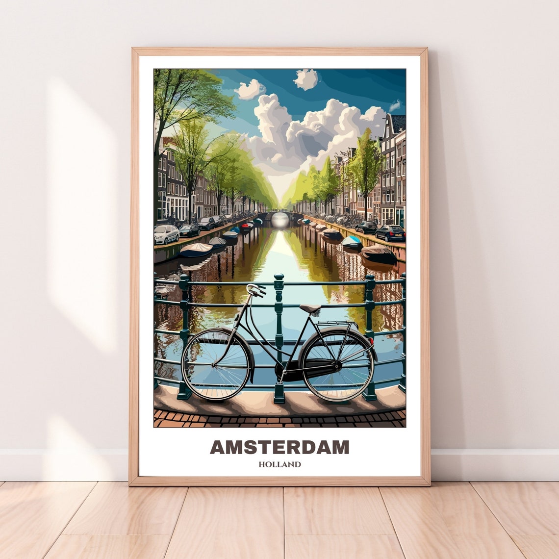 Amsterdam Holland Canal Bridge Bicycle Sunlit Morning Poster - Image 3