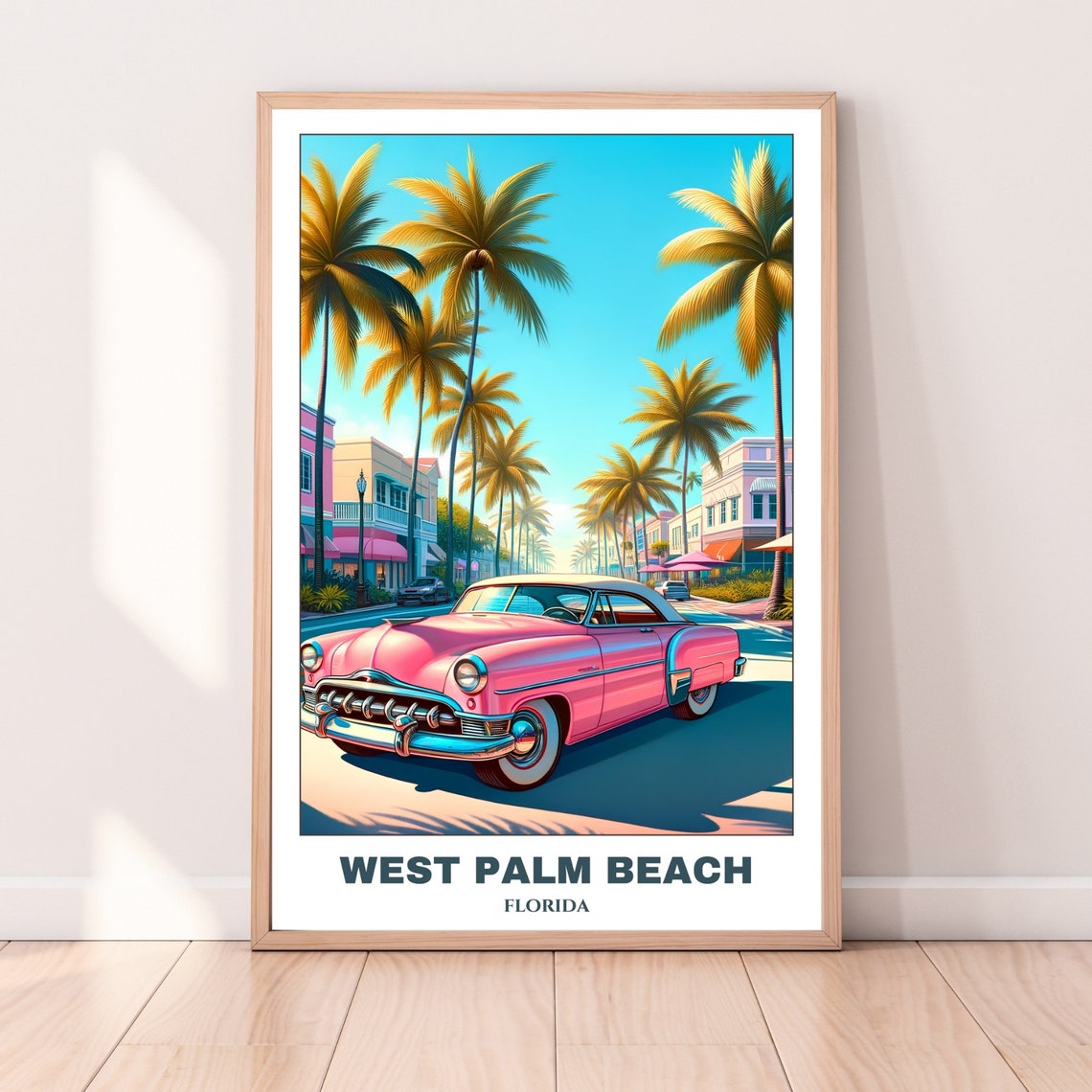 West Palm Beach Florida Pink Classic Car Palms Retro Travel Poster - Image 4